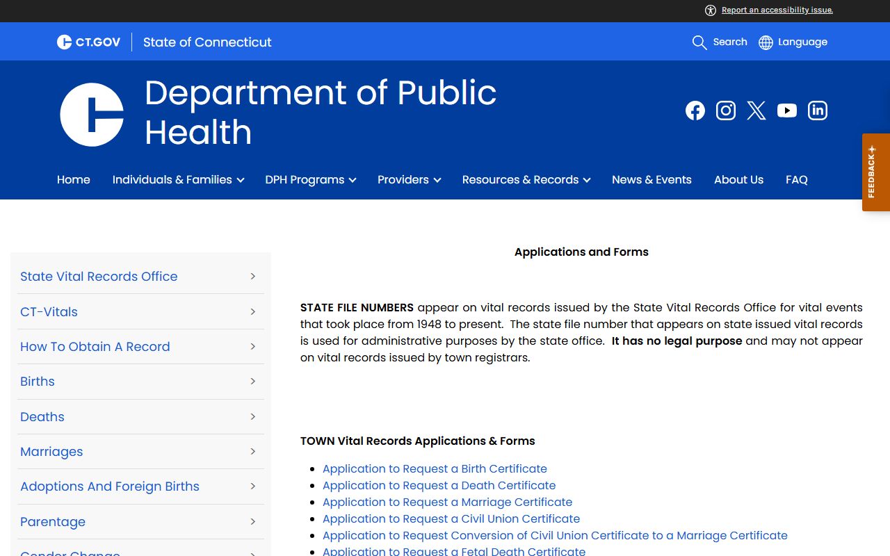 Connecticut death index source from CT DPH Applications and Forms