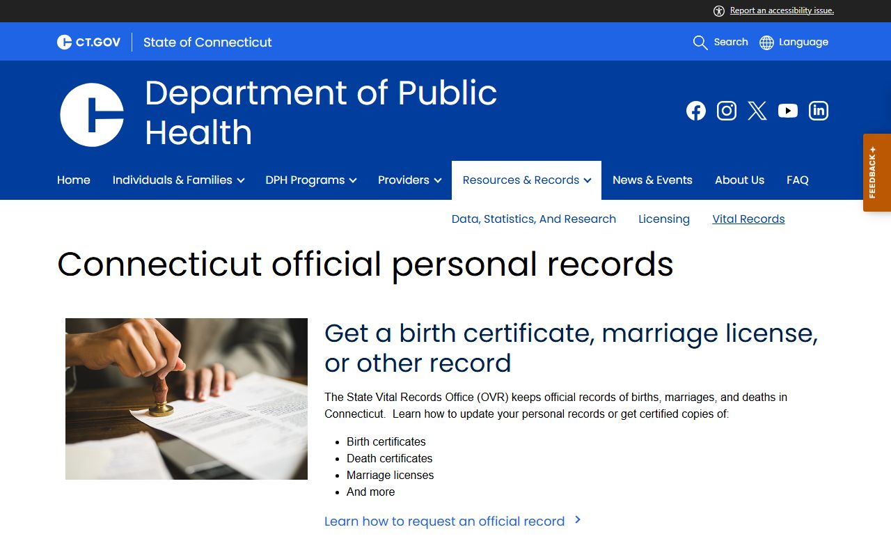 Connecticut death index source from CT DPH Vital Records Overview