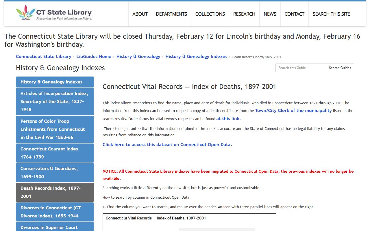 Connecticut death index source from CT State Library Death Index Info